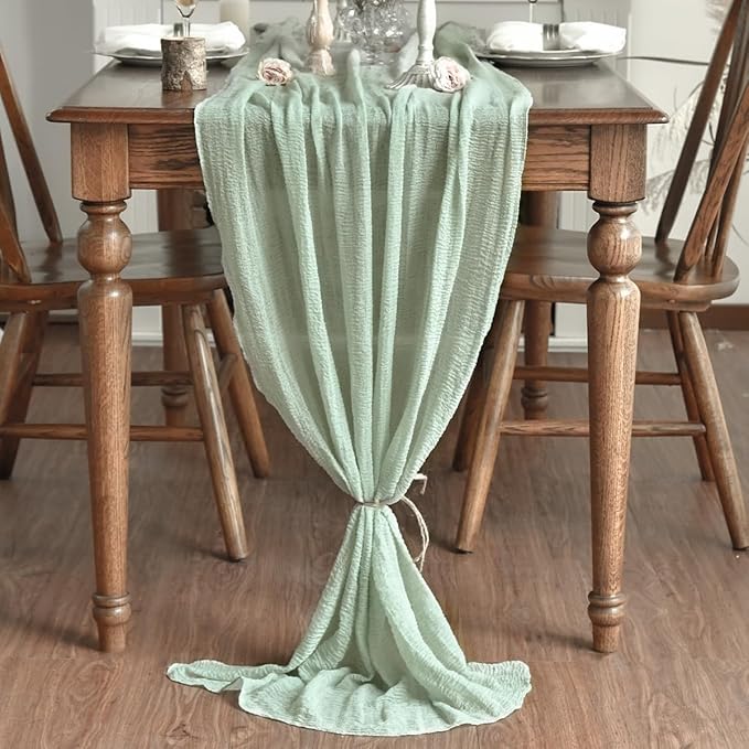 Artoid Mode Boho Cheesecloth Gauze Sage Green Wedding Table Runner, 160 Inch Seasonal Fabric Kitchen Dining Holiday Table Decor for Home Party Indoor