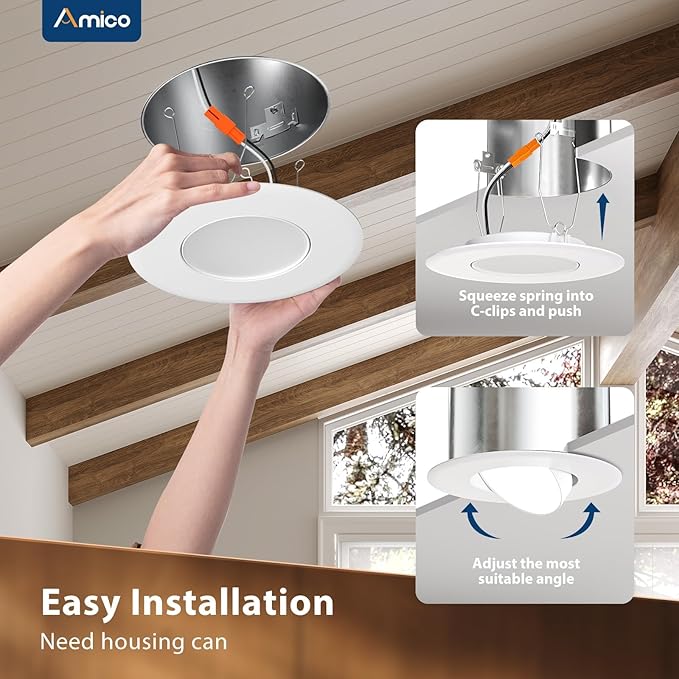 Amico 6 Pack 6 Inch Retrofit Eyeball Gimbal Can Lights, Adjustable Eyeball Directional 5CCT LED Recessed Lights, Dimmable, 2700K/3000K/3500K/4000K/5000K Selectable, 7W 650LM, ETL&FCC