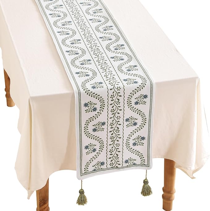 ISAENNE Designer White Elegant Linen Table Runner 87 Inches Long,Chinoiserie Floral Decor Durable Table Runners for Dining Tables,Thanksgiving,Kitchen Tables,Christmas,12"*87"-Mosella D