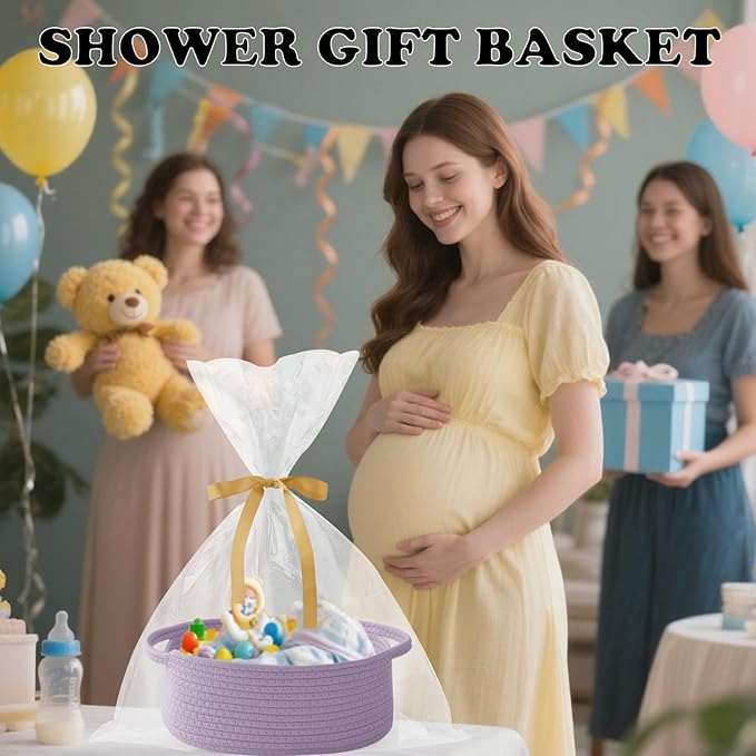 Small Woven Rope Basket-Empty Gifts Basket with Bag and Ribbons,Cute Handle Organizer Box for Birthday/Baby Shower, Toy Storage, Nursery Organizing & Shelf Decor(Purple)