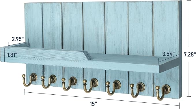 Rebee Vision Decorative Key Holder Wall Mount - Modern Farmhouse Key and Mail Holder for Wall with Shelf and 7 Key Hooks for Mail Organizer - Mid Century Aesthetic Room Decor (Distressed Blue,15-inch)