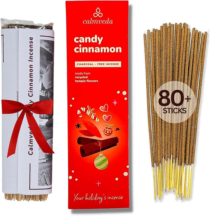 Christmas Candy Cinnamon Incense Stick - (80 Sticks) Spicy, Creamy Vanilla and Flavorful Tangerine | Charcoal Free, Made from Upcycled Flowers | Fall Incense Sticks for Holiday Fun