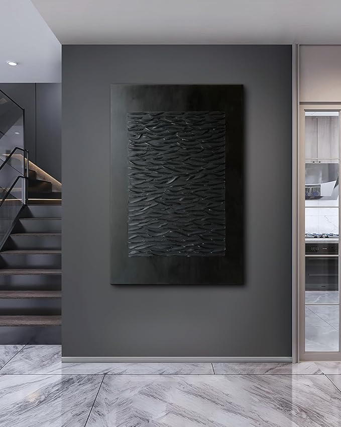 Creespi Hand Painted Black Abstract Wall Art 30x45 inches,Modern Minimalist Textured Canvas Oil Painting for Home Wall Décor