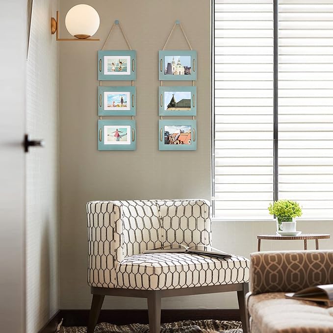 DLQuarts 5x7 Hanging Picture Frames Collage Wall Decor, Photo Frames 5x7 Without Mat & 3.5x5 with Mat, Rustic Wood 3-Frame, Ocean Blue, 2-Pack