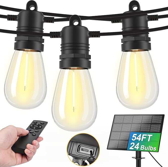 Solar String Lights Outdoor Waterproof 54 FT 24 Sockets 25 LEDs Patio Lighting, USB Charge & Remote Controlled Dimmer Timer, Solar Outdoor Lights for Patio Yard Outside Camping Party 2700K