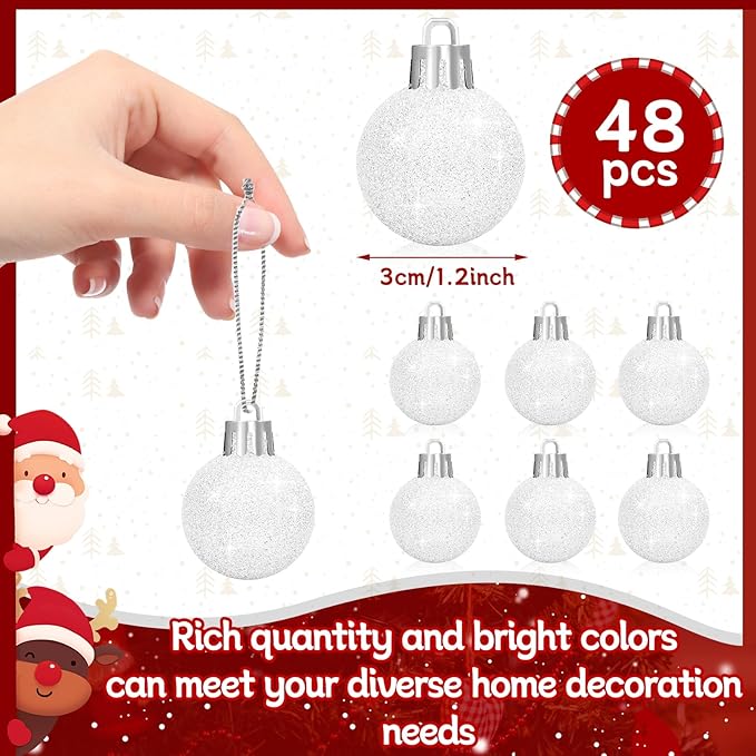 48Pcs Mini Christmas Balls Christmas Tree Decoration Ornaments Shatterproof Glitter Christmas Hanging Balls for Christmas Tree Party Wedding Indoor Outdoor Decoration(White, 1.2inch-48pcs)