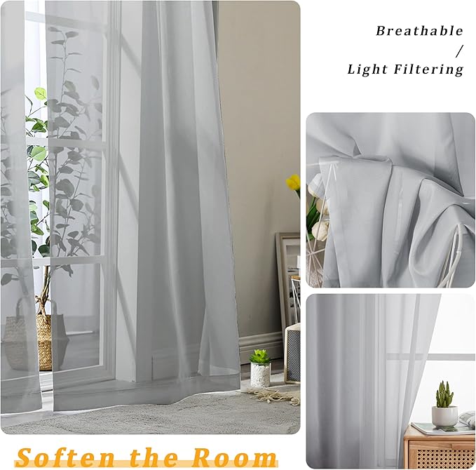 Gwine Light Grey Sheer Curtains 63 Inch Length for Living Room 2 Panels, Light Filtering Rod Pocket Window Curtain Treatment for Bedroom, Voile Elegant Sheer Drapes，Each 42" Wx63 L, Light Grey