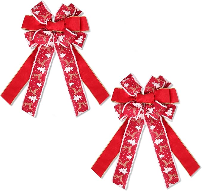 RECUTMS 2 Pieces Christmas Bows Red Christmas Tree Topper Wreath Bows with Xmas Tree Patterns Two-Tier Christmas Bow Decoration for Winter Holiday Xmas Gift Party Seasonal Indoor Outdoor Decor