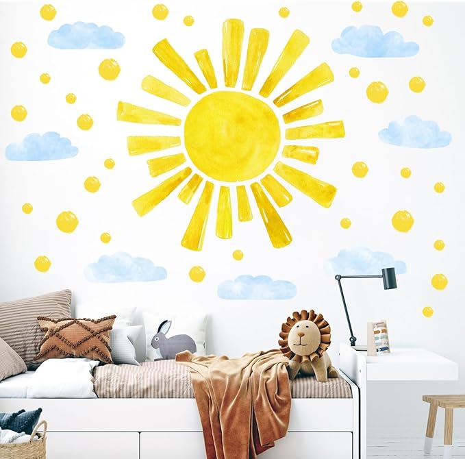 Large Sun Wall Decals Cloud Polka Dots Wall Stickers for Girls Room, 12 Sheets Watercolor Sun Wall Decor Stickers Cute Cloud Wallpaper Delicate Decorations for Kids Room Bedroom