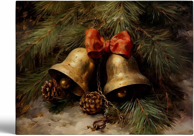 Gold Bell Print Christmas Wall Art - Rustic Jingle Bells Vintage Oil Painting - Winter Holiday Home Fireplace Decor - 24x36 Inch Framed
