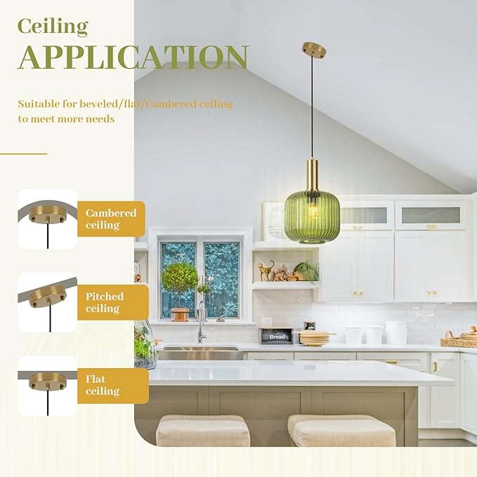 Green Glass Pendant Light Vintage Kitchen Pendant Lighting Over Island Sink Mid Century Modern Gold Hanging Pendant Light Fixture for Bedroom Living Room Dining Room