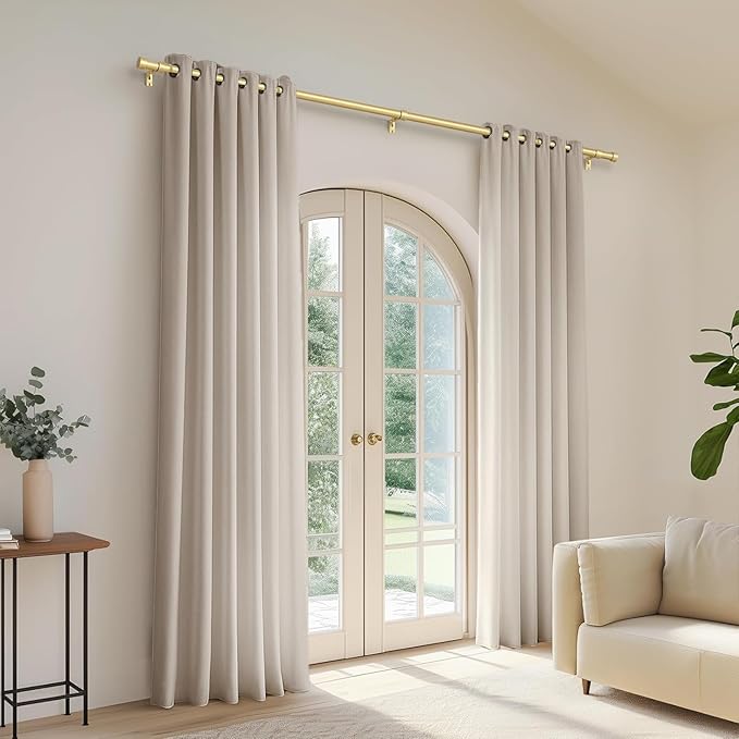 Zeerobee Curtain Rods for Windows 32 to 144, Brushed Gold Curtain Rod, Adjustable 1 Inch Heavy Duty Outdoor/Indoor Modern Drapery Pole, 32"-144"