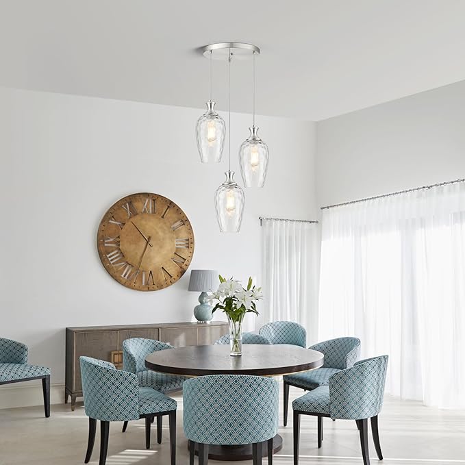 3-Light Pendant Lighting, Modern Brushed Nickel Dining Room Chandelier Light Fixture Over Table with Hammered Glass, Brass Cluster Hanging Lights for Kitchen Island Dining Room Bedroom, E26