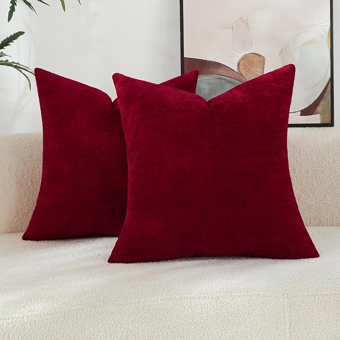 Santa Red Chenille Decorative Couch Lumbar Throw Pillow Covers, Soft Cushion Cases for Home Livingroom Sofa Décor, Pack of 2, 12 x 20 Inches