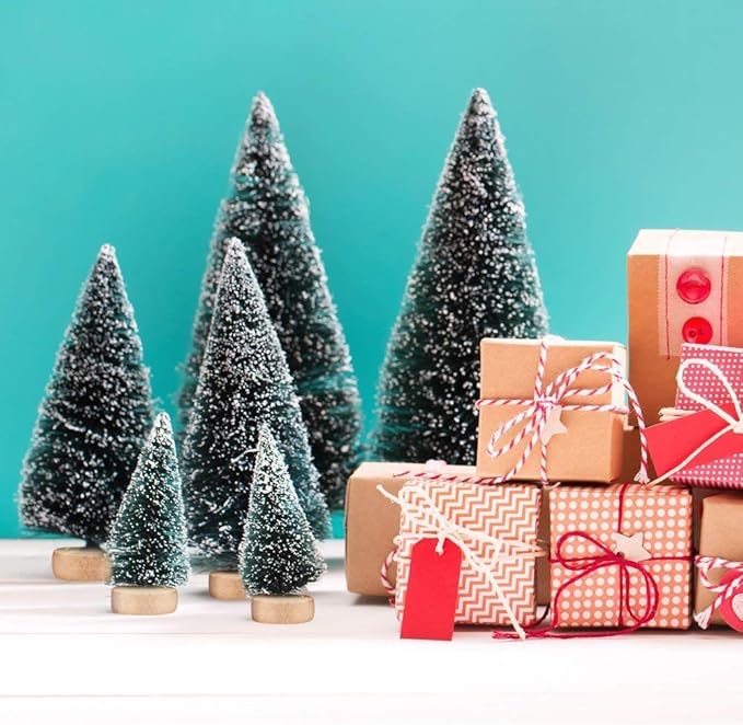 Artificial Mini Sisal Christmas Trees Snow Frost with Wooden Bases for Home Party Decoration Ornament DIY Craft (Blue-Green, 12.5 cm/10 pcs)