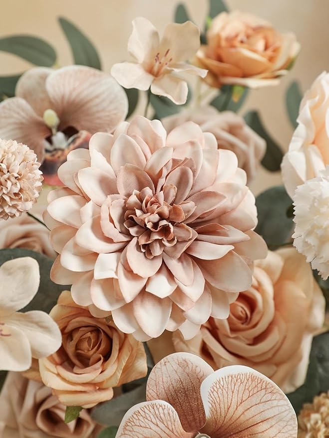 Artificial Flowers Set Champagne Coffee Silk Fake Flowers with Stems for DIY Wedding Bridal Bouquets Cake Arch Floral Arrangement Table Centerpieces Baby Shower Party Home Decorations