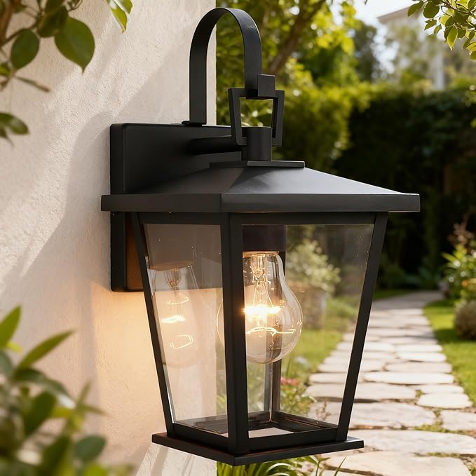 Kalium Outdoor Light Fixtures Wall Mount, Waterproof Exterior Wall Lanterns with Glass, Matte Black, Outside Wall Sconces, Front Porch Lighting for House Garage Doorway Patio 12.5 in