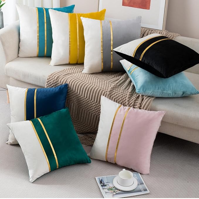ZLINA Set of 2 Velvet Decorative Throw Pillow Covers Pink White Patchwork with Gold Leather Pillow Covers 24 × 24 Inch Cushion Covers Decor Living Room Sofa Bedroom Car
