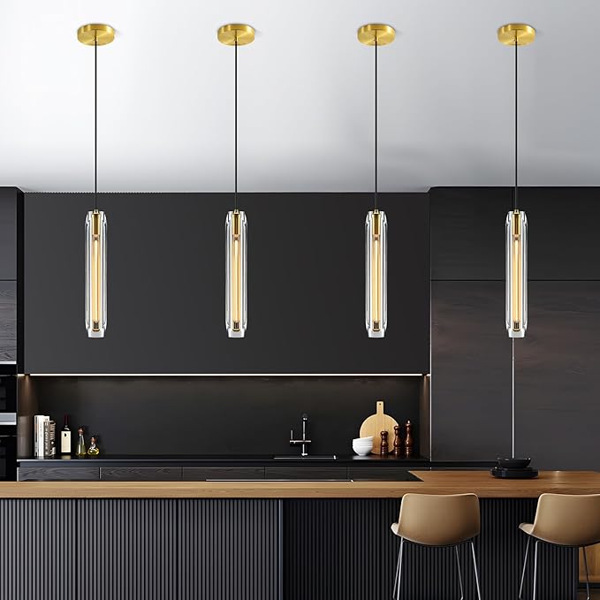 Modern K9 Crystal Pendant Light 2 Pack,14.95'' Clear and Gold Island Pendant Lights,Kitchen Crystal Light Pendant,Bar Pendant Lights,for Kitchen Dining Bathroom Bedroom