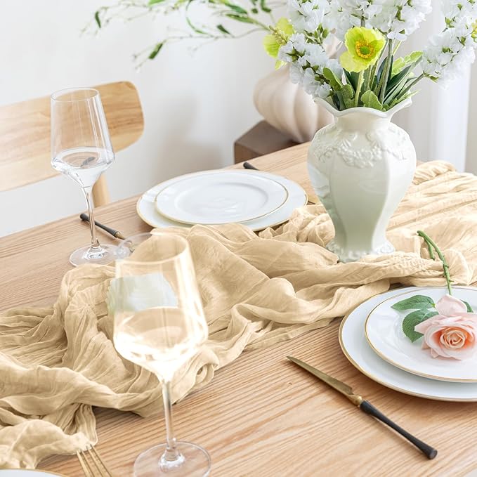 Asee'm 2pcs Cheesecloth Table Runner 120 Inches Long Sand Boho Gauze Cheese Cloth Runner 10FT Rustic Sheer Table Runners for Christmas Wedding Party Baby Shower Spring Easter Decoration