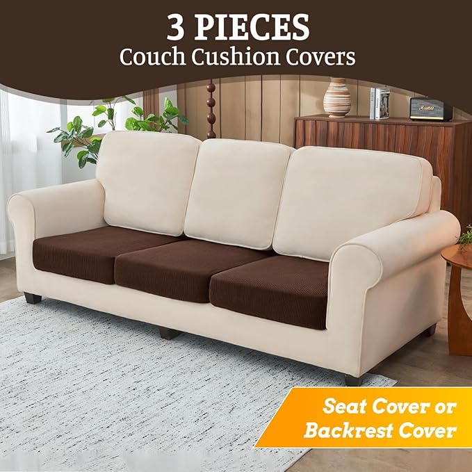 Sectional Couch Covers for Sofa Cushion L Shaped Couch Cover Washable Soft Couch Cushion Covers Stretch Sofa Slipcovers(3-Piece for Sofa Seat or Backrest, Brown)