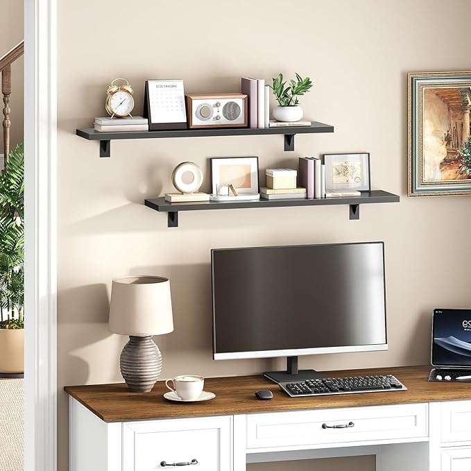 HOOBRO Floating Shelves for Wall, 31.5" Wall Mounted Shelves Set of 2, Hanging Storage Shelf with Metal Brackets, Wooden Shelf for Living Room, Bedroom, Bathroom, Black BK82BJP201G1