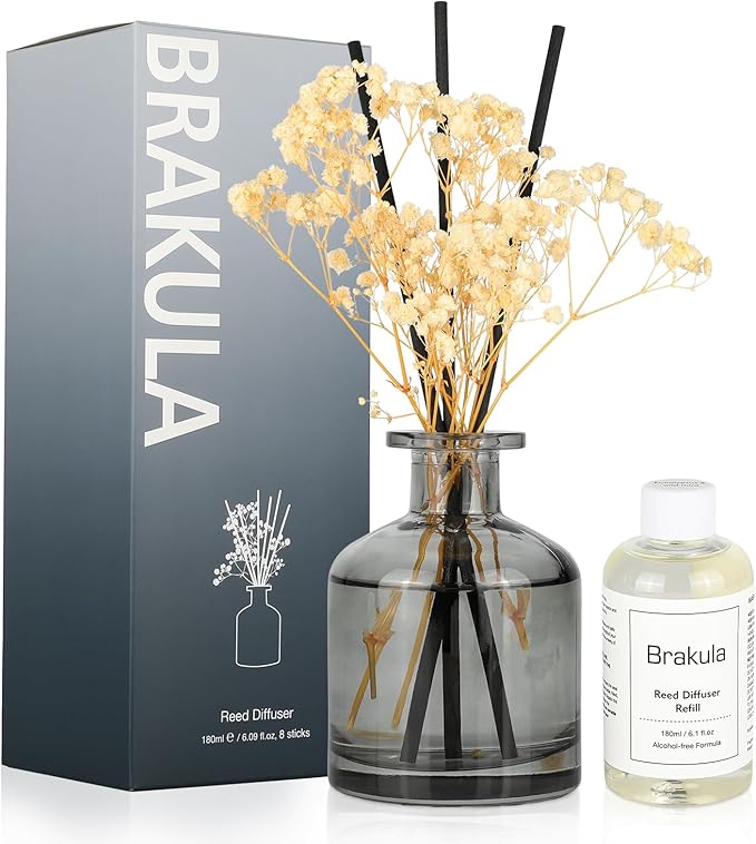 Brakula Reed Diffuser Set, 6.09 fl oz (180 ml)- Bamboo with 8 Reed Sticks, Home Fragrance Reed Diffuser for Bathroom Shelf Decor