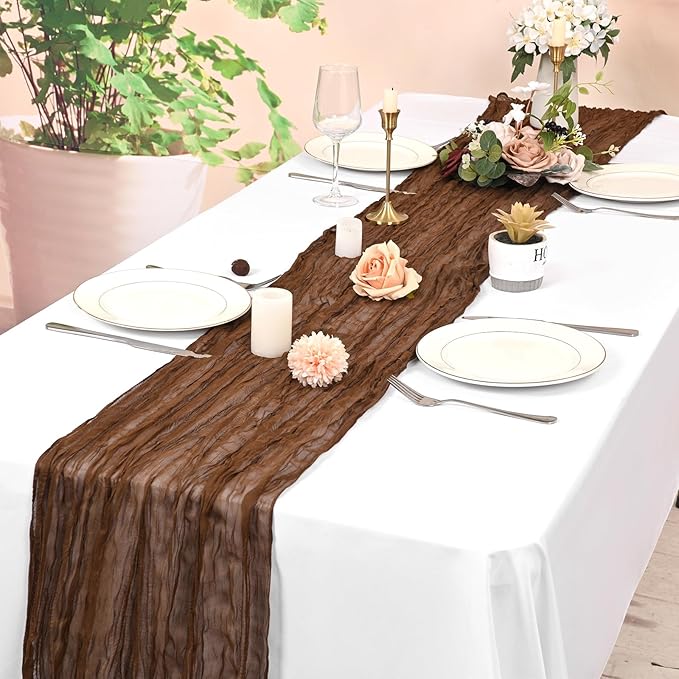 12 Pack Brown Cheesecloth Table Runner 10FT Cheese Cloths for Wedding Decor, 20x120inch Rustic Boho Gauze Table Runners for Wedding Party Bridal Shower Table Decoration