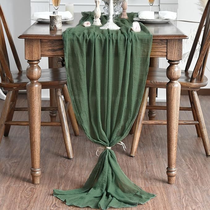 Artoid Mode Boho Forest Green Gauze 6 Pieces Wedding Table Runner, 120 Inch Birthday Fabric Kitchen Dining Holiday Table Decor for Home Party Indoor