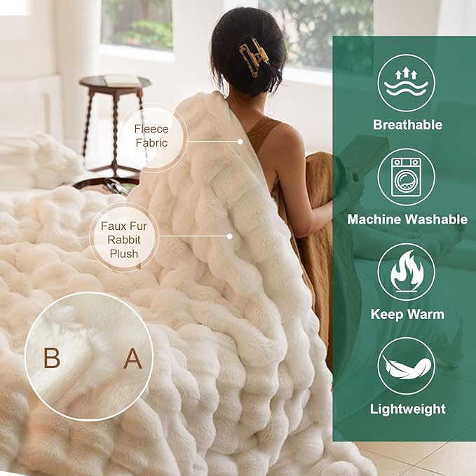 Fluffy Blanket White - Soft Throw Blanket for Couch, Fuzzy Plush Rabbit Faux Fur Blanket, Cute Cozy Blankets for Women, Thick Bubble Blankets for Bed Sofa Bedroom Living Room - 39" x 63" Small
