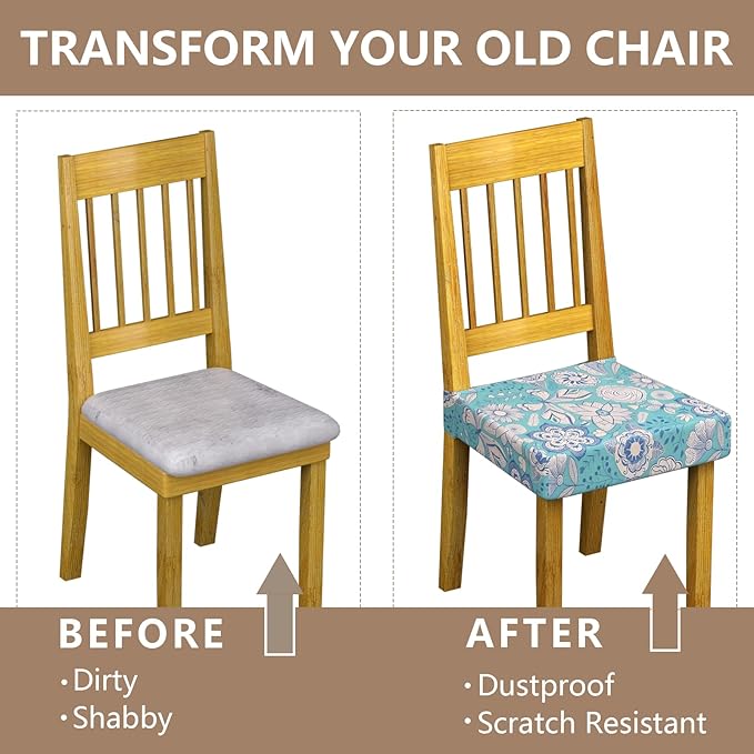 Stretch Dining Chair Seat Covers Set of 6,Dining Chair Slipcovers, Floral Printed Chair Covers,Soft Fabric Washable Upholstered Chair Seat Protector, No Rear Covers for Home Kitchen Dining Room