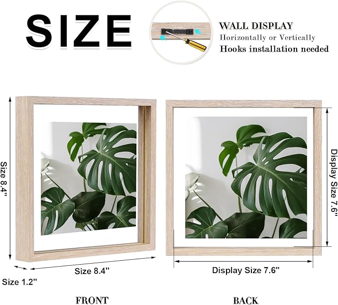 Egofine 8x8 Floating Frames Set of 2, Double Plexiglass Picture Frame, Made of Solid Wood Display Any Size Photo up to 8x8, Wall Mount or Tabletop Standing, Rose Pink