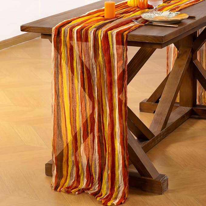 Socomi Fall Stripe Table Runner Cheesecloth Gauze Thanksgiving 120 Inch Rustic Boho Cheese Cloth Runner for Wedding Party Baby Bridal Shower Decoration Holiday Home Decorations