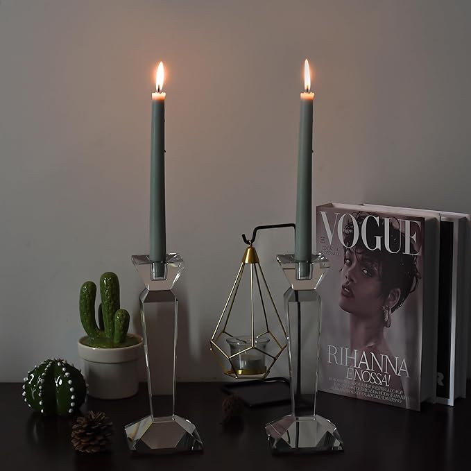 Kitcom Crystal Candle Stick Holders for Home Decor 2-Pack, Clear Crystal Taper Candles Holder Table Centerpieces for Party and Wedding Decoration(9inch Tall)