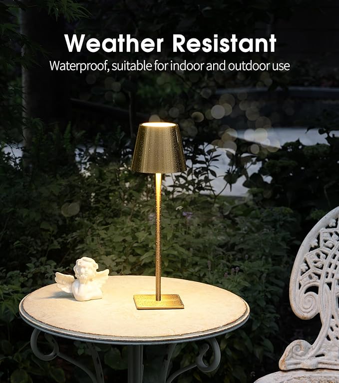 UME 3 Pack Cordless Table Lamp, Battery Operated Lamp - Portable Waterproof Rechargeable Table Lamp w/ 3 Color Temps & Stepless Dimming for Dinner, Desk, Cafe, Outdoor (Brushed Gold)