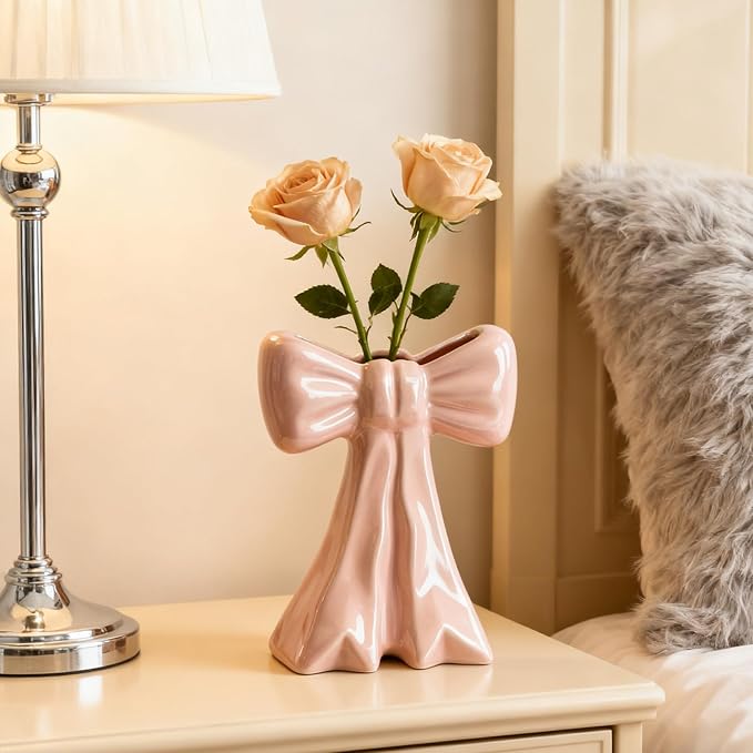 Bow Vase Pink Vase Ceramic Cute Decorative Flower Tulip Farmhouse Dazzling Modern Home Decor Pampas Grass for Table Bathroom Shelf