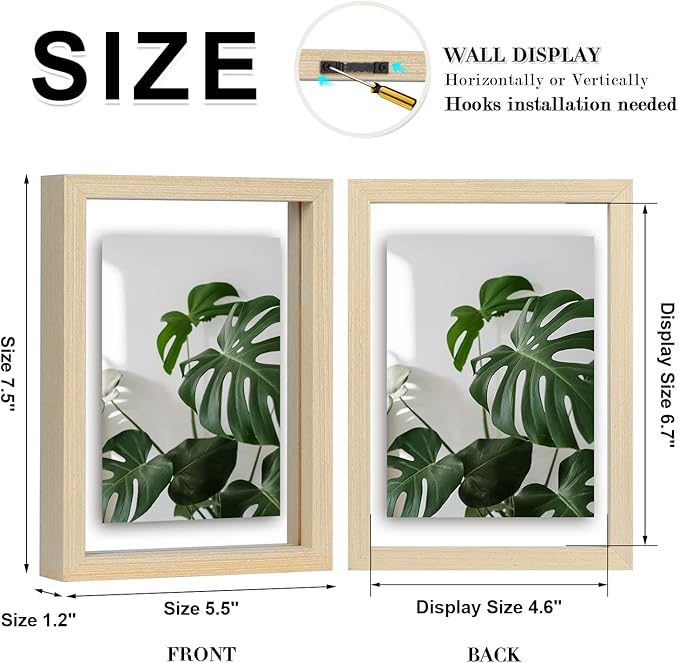 Egofine 5x7 Floating Frames Set of 2, Double Plexiglass Picture Frame, Made of Solid Wood Display Any Size Photo up to 5x7, Wall Mount or Tabletop Standing, Natural Wood