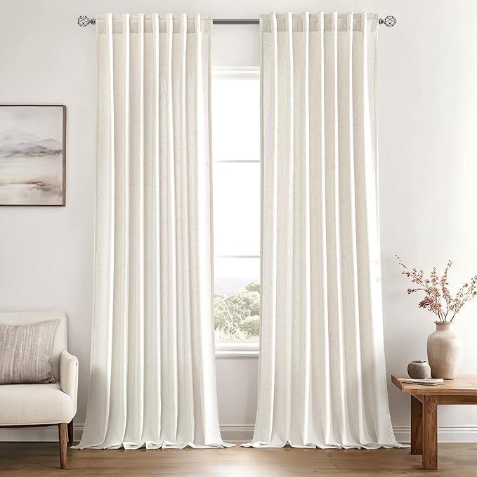 MIULEE Non-See-Through Privacy Linen Curtains 2 Panels, Light Filtering Window Curtains Farmhouse Textured Back Tab Semi Sheer Drapes for Bedroom Living Room, 52 x 94 Inches Long, Natural White