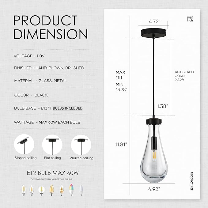Raindrop Pendant Light Fixtures Set of 3, Black Glass Pendant Lighting, Hand BlownTeardrops Modern Hanging Light for Entryway Foyer Kitchen Island Dining Living Room Hallway