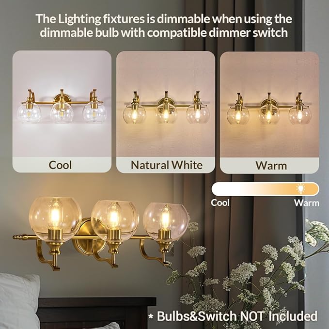 ANDY STAR Bruhsed Gold Bathroom Light Fixtures, Gold 3 Light Bathroom Vanity Lights, 3 Lights Wall Light with Globe Clear Lampshade, Vintage Brass Sconce with Metal Lamp Body for Bedroom, Living Room