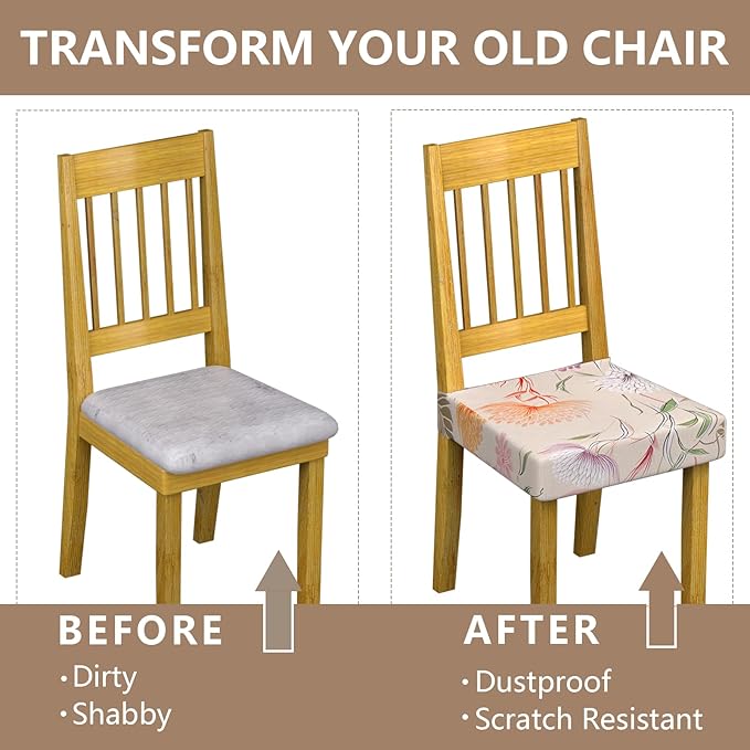 Stretch Dining Chair Seat Covers Set of 6,Dining Chair Slipcovers, Floral Printed Chair Covers,Soft Fabric Washable Upholstered Chair Seat Protector, No Rear Covers for Home Kitchen Dining Room