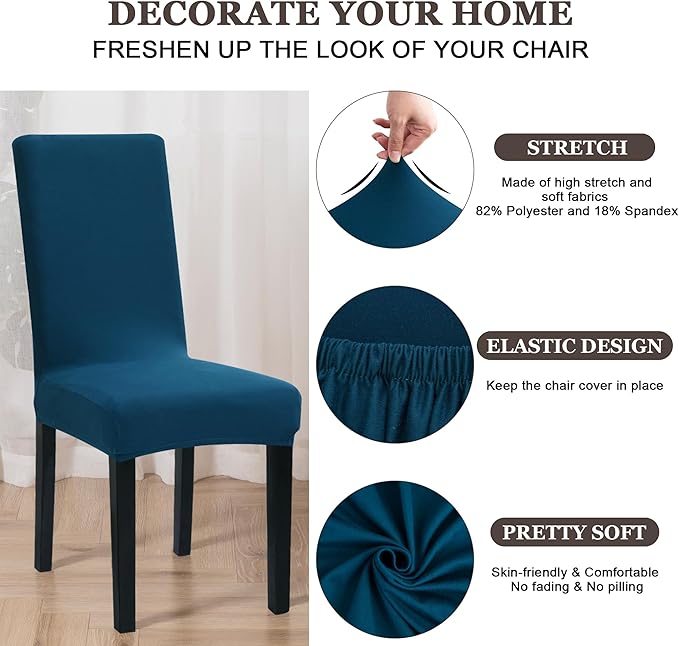 Sufdari Dining Chair Covers,Kitchen Chair Cover,Parsons Chair Slipcover,Spandex Chair Protectors for Dining Room Stretch Chairs Cover Set of 6 -Teal Blue