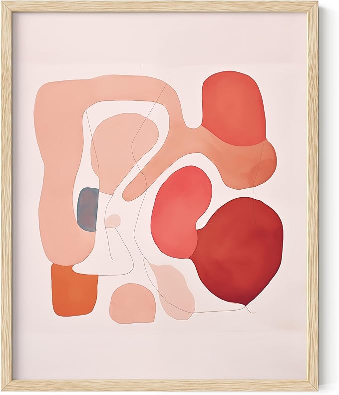 HAUS AND HUES Colorful Abstract Wall Art - Minimalist Retro Picture for Living Room Decor, Red and Pink Modern Wall Art Painting (Pink Abstract Shapes, Beige Frame, 16x20)