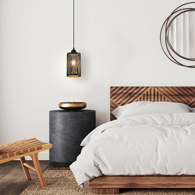 Industrial Black Pendant Light Fixture Vintage Farmhouse Mini Black Gold Pendant Lighting Rustic Hollow-Carved Cylinder Pendant Light for Kitchen Island, Dining Room, Bedroom