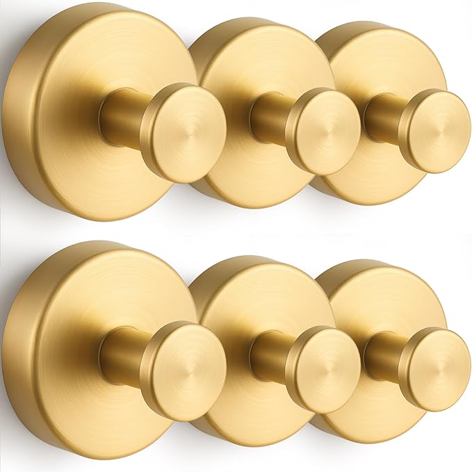 Suction Cup Hooks, Shower Hooks for Inside Shower, No-Drill Towel Hook Stainless Steel Waterproof Suction Hook for Wreaths, Loofah, Towel, Coat, Bath Robe (6, Gold)