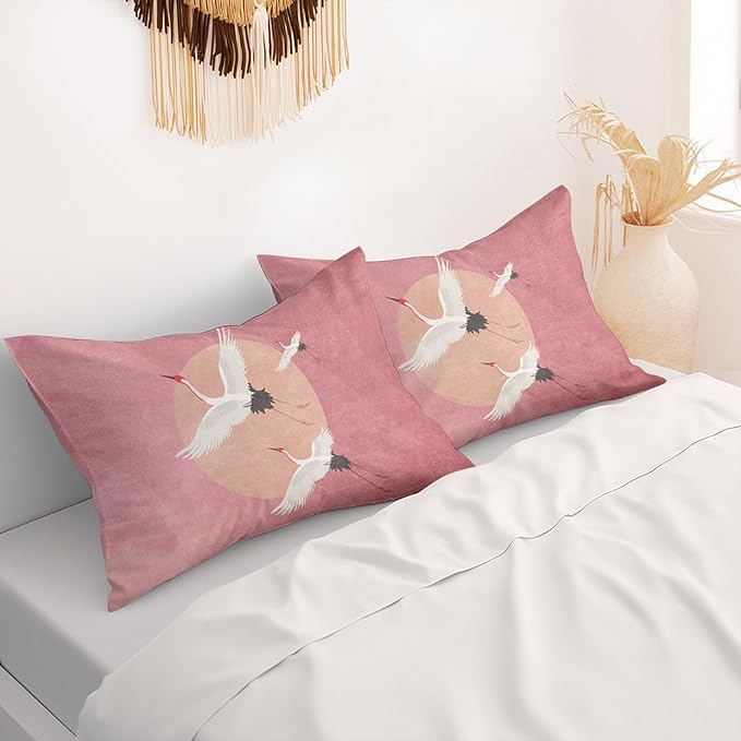 Heron Pillow Protectors with Zipper Standard Size White Bird Animal Pillow Covers Set of 2 Abstract Minimalist Pillowcases Vintage Pink Midcentury Modern Farmhouse Bed Pillow Covers 30"X20"