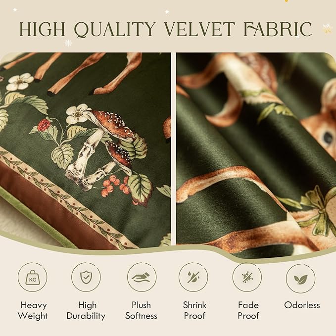 Grandmillennial Holly Deer Green Pillow Cover, Velvet Euro Sham Covers Decorative Throw Pillow Covers 18x18 for Couch Sofa Bed Living Room, Christmas & Holiday