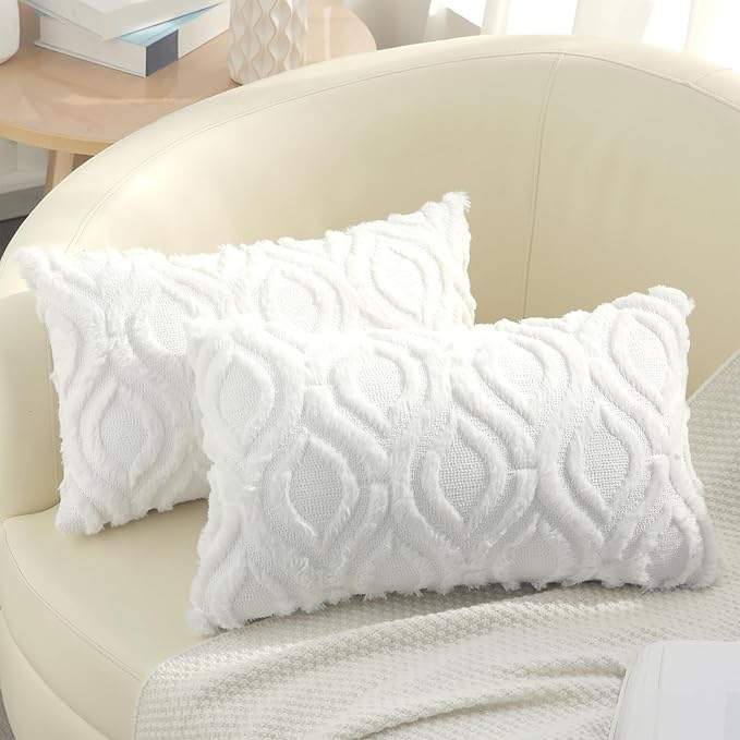 decorUhome Throw Pillow Covers 12x20 Inch Set of 2, Soft Plush Faux Wool White Solid Couch Pillow Covers, Accent Farmhouse Neutral Lumbar Pillow Cases for Sofa Bed Living Room