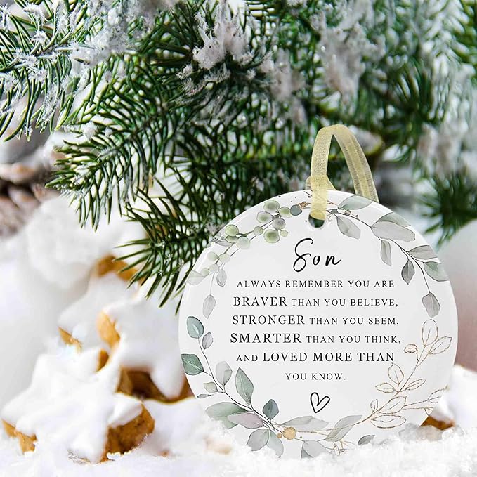 SIABERTERL Christmas Ornament 2025, Christmas Souvenir for Son from mom and dad, Best Gift to Express Love for Each Other, Ceramic Christmas Tree Ornament with Gift Box.