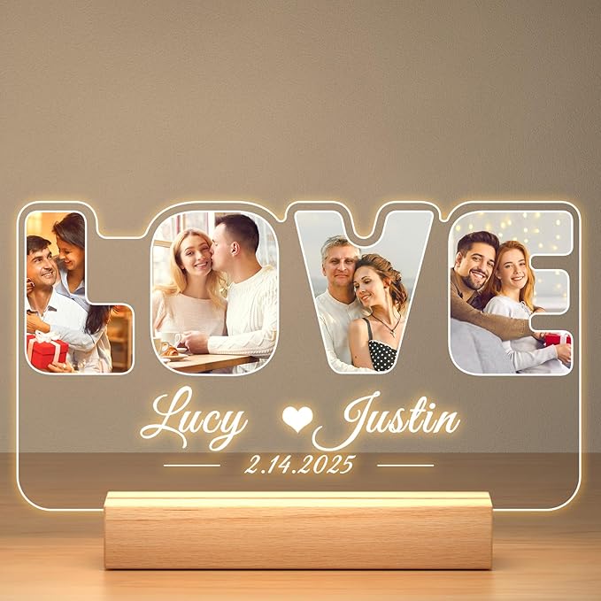 Custom Picture Frames with Photo, Personalized Photo Frame with Night Light, Customized Picture Frame, Personalized Christmas Anniversary Couples Gifts for Women Men Her Him Girlfriend Boyfriend